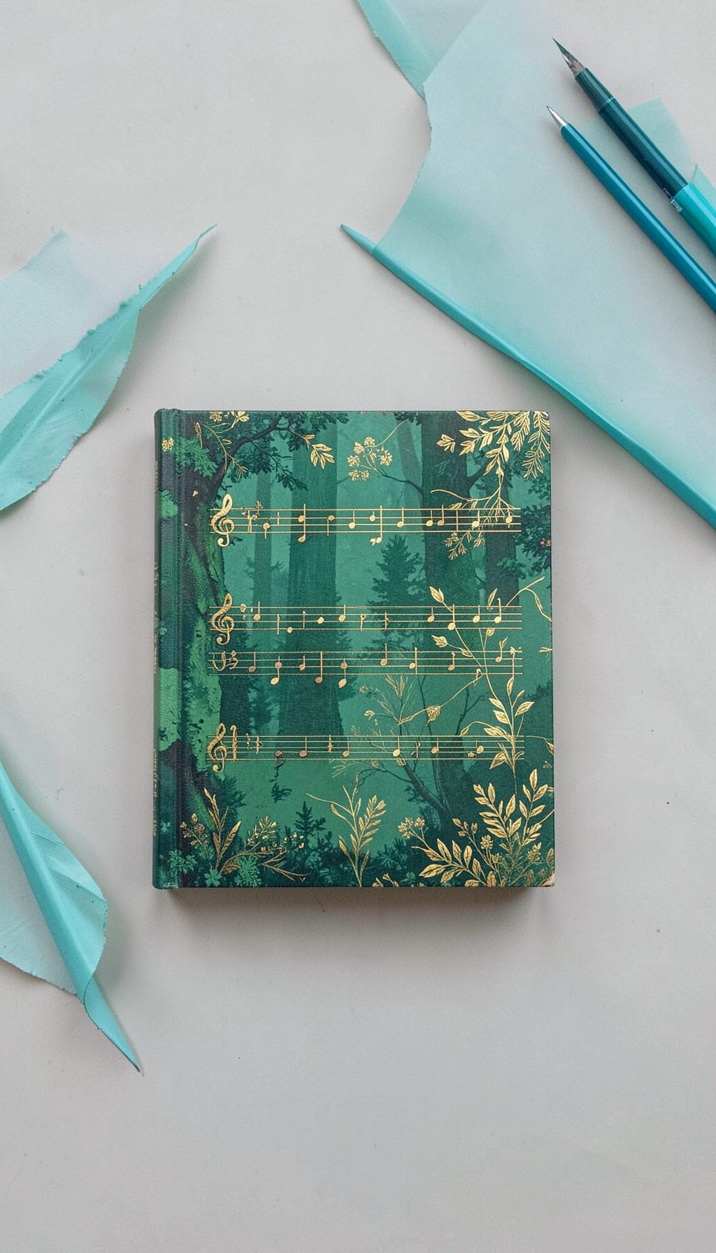 Book cover with musical staves and natural motifs in forest green and gold, suggesting hymns and liturgy
