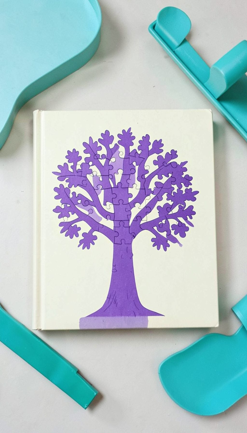Book cover with a purple puzzle-tree motif on a cream background, playful and inviting for young readers