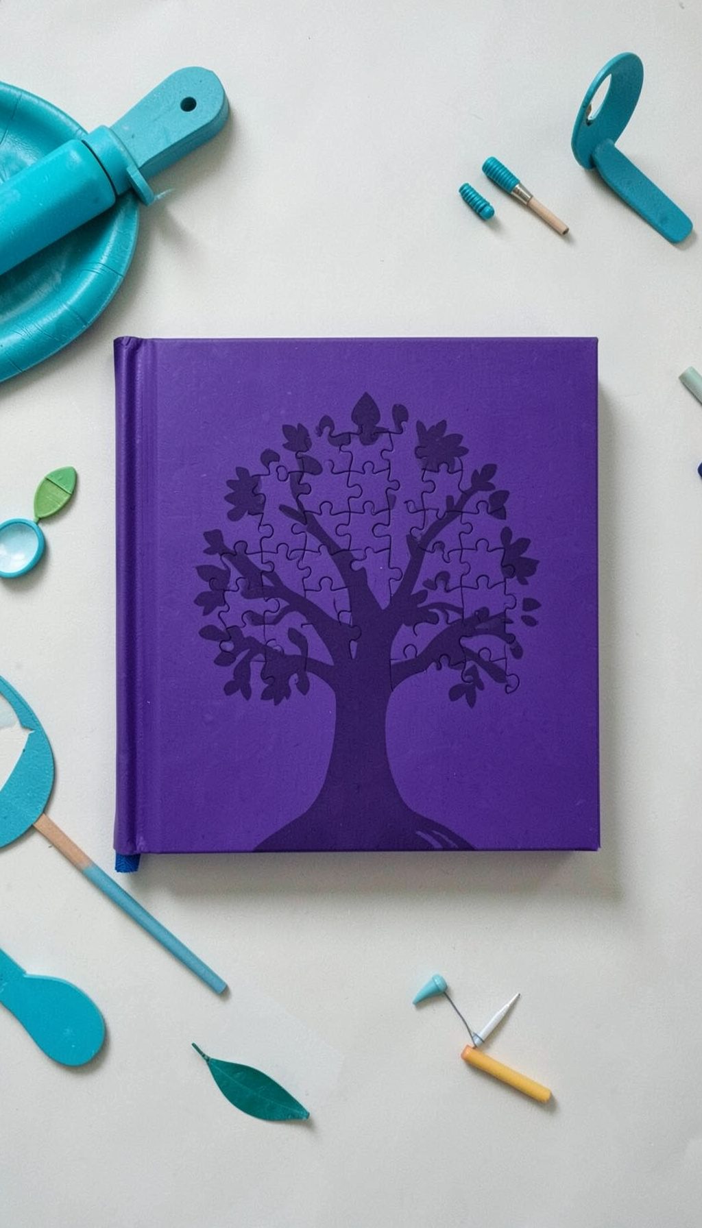 Book cover in deep purple with a stylised puzzle-tree silhouette, playful and whimsical for children's storytelling